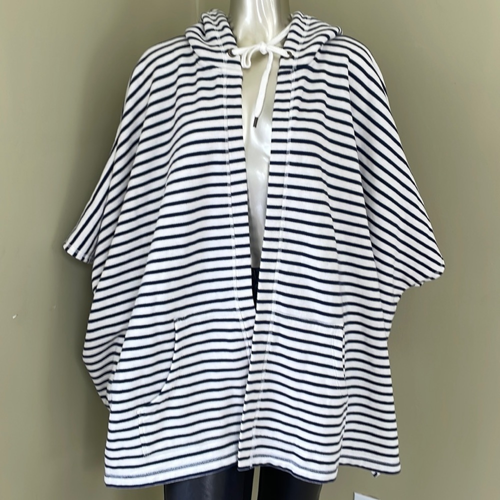 Aerie Hooded Sweater Poncho Oversized Nautical White Blue Stripes Size M/L NWT
